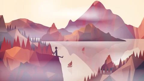 Sea Coast with High Cliffs and Man Sitting on the Edge - Vector Illustration Stock Illustration
