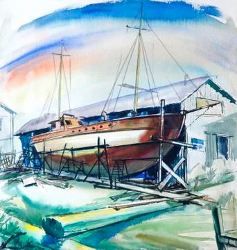 Sea colors with  brown boat. Stock Illustration