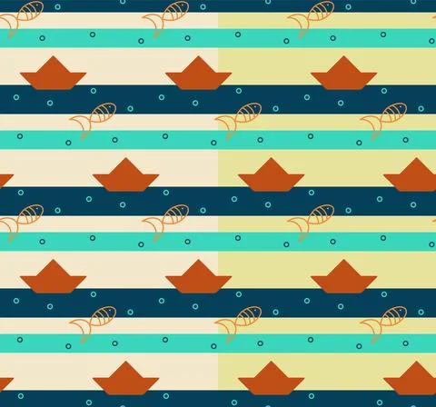 Sea concept seamless pattern. Geometric shapes of fish, ship, wave stripes in Stock Illustration