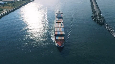Sea Container Ship, Heading Towards Camera, Aerial View Stock Footage 91127496