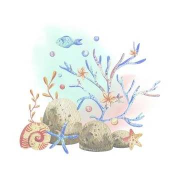 Sea corals, algae, shells, starfish, fish, bubbles. Watercolor illustration hand Stock Illustration