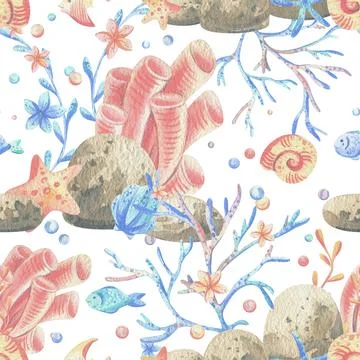 Sea corals, algae, shells, starfish, fish, bubbles. Watercolor illustration hand Illustrazione stock
