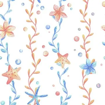 Sea corals, algae, shells, starfish, fish, bubbles. Watercolor illustration hand Illustrazione stock