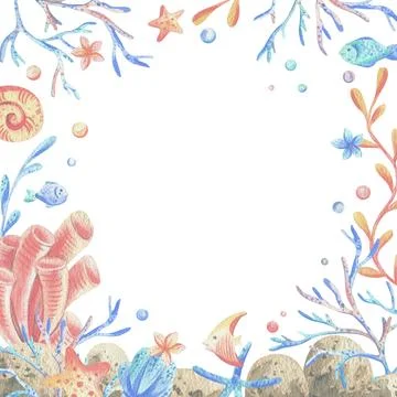 Sea corals, algae, shells, starfish, fish, bubbles. Watercolor illustration hand Stock Illustration