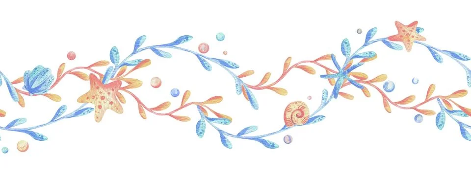 Sea corals, algae, shells, starfish, fish, bubbles. Watercolor illustration hand Illustrazione stock