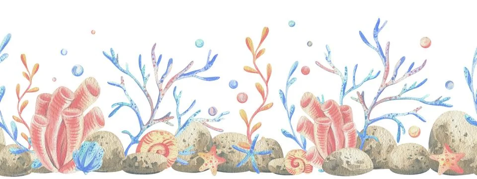 Sea corals, algae, shells, starfish, fish, bubbles. Watercolor illustration hand Illustrazione stock