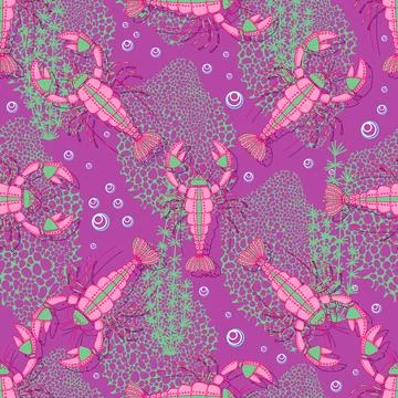Sea crawfish pattern. seamless pattern in nautical style. Underwater creature 스톡 일러스트
