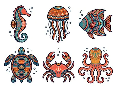 Sea Creature Folk Art Bundle Vector Illustration Stock Illustration