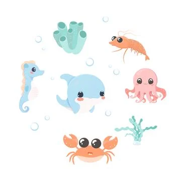Sea creatures clip art set cute vector Illustrazione stock