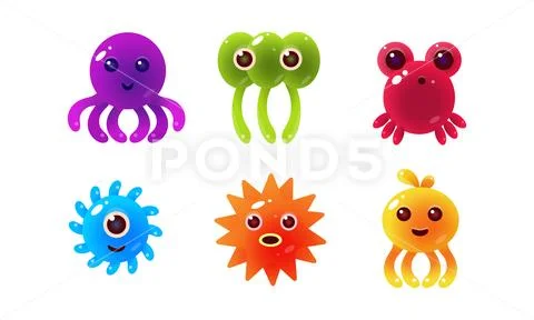 Sea creatures, collection of cute marine colorful bright glossy animal Stock Illustration