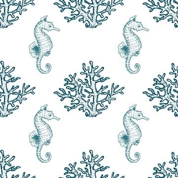 Sea Creatures hand drawn seamless pattern. Ocean animals and seashells sketch Stock Illustration