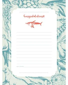 Sea Creatures - hand drawn template card. Illustrazione stock