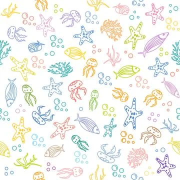 Sea creatures pattern with colorful jellyfish, starfish, and fish on white .. Illustrazione stock