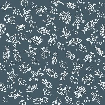 Sea creatures pattern with jellyfish, starfish, and fish on dark background.. Stock Illustration