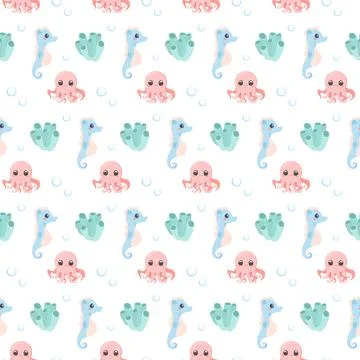 Sea creatures pattern seamless set cute vector Stock Illustration