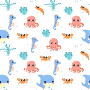 Sea creatures pattern seamless set cute vector Stock Illustration