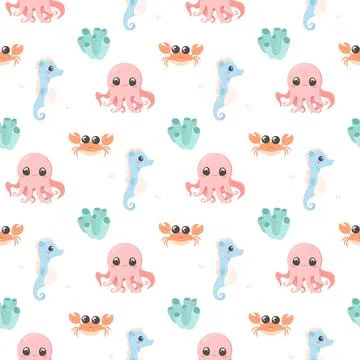 Sea creatures pattern seamless set cute vector Stock Illustration