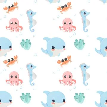 Sea creatures pattern seamless set cute vector Stock Illustration