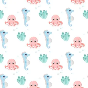 Sea creatures pattern seamless set cute vector Stock Illustration