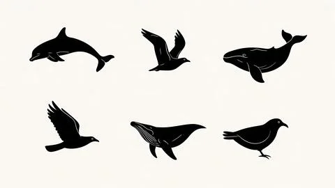 Sea Creatures of Sailing Black Solid Silhouettes Collection Illustrazione stock