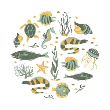 Sea Creatures Seamless Pattern of Round Shape, Underwater Life, Marine Fishes Stock Illustration