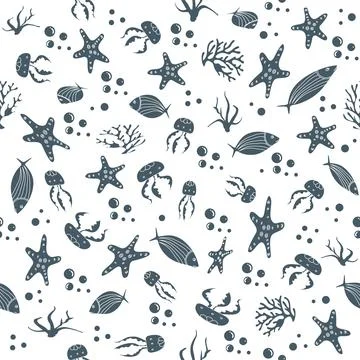 Sea creatures seamless pattern with starfish, jellyfish, and fish on white .. Illustrazione stock