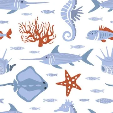 Sea Creatures Seamless Pattern, Underwater Life, Marine Fishes Design Element Illustrazione stock