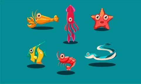 Sea creatures set, cute funny animals and fishes characters, squid, starfish Stock Illustration