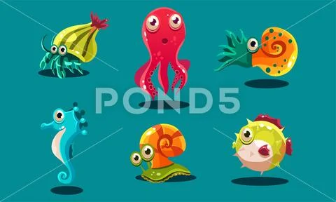 Sea creatures set, cute funny animals and fishes characters, seahorse, snail Stock Illustration