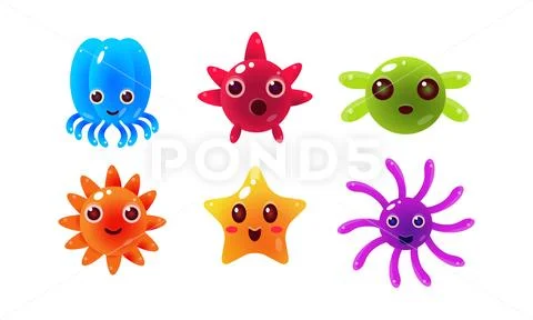 Sea creatures set, cute marine colorful bright glossy animal characters vector Stock Illustration