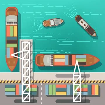 Sea dock or cargo seaport with floating ships and boats. Top view vector Ilustração Stock