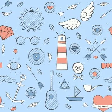 Sea doodle seamless hipster pattern over light blue Stock Illustration