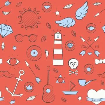 Sea doodle seamless hipster pattern over red Stock Illustration