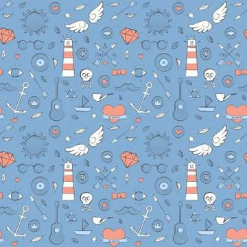 Sea doodle seamless hipster pattern over blue Stock Illustration