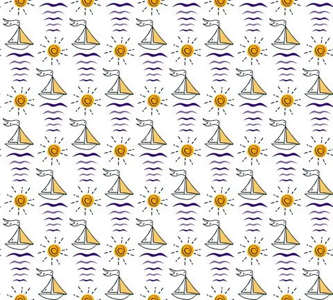 Sea doodle seamless pattern, boat, wave, sun isolated elements. Hand drawn Illustrazione stock