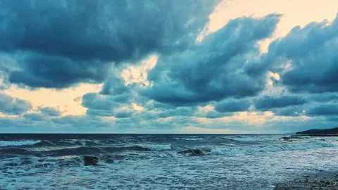 Sea, Dramatic Light Yellow Sky Dark Gray Blue Clouds Slow Motion, Tropical Sunse Video stock 284126508