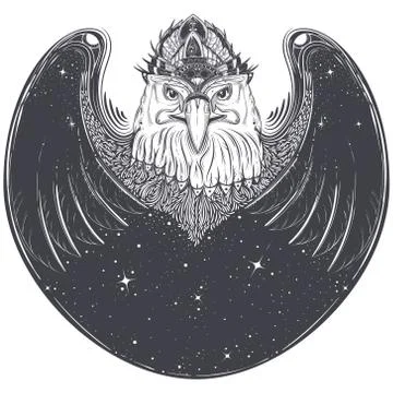 Sea eagle head with pagan runic symbols Illustrazione stock
