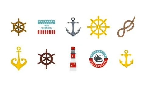 Sea element icon set, flat style Stock Illustration