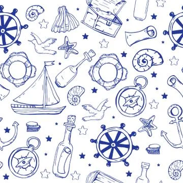 Sea elements pattern. Marine seamless background Stock Illustration