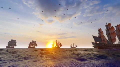 Sea expedition fleet sails into the distance Stock Footage 218428534