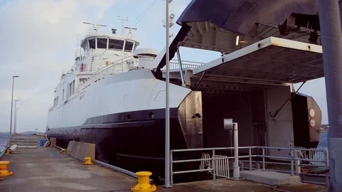 Sea Ferry With Open Gate Standing In The Port At The Pier Stock Footage 114823337