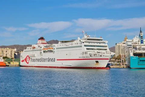 Sea ferry stands for loading in the seaport of Malaga Stock Photos