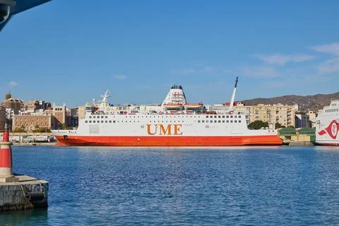 Sea ferry stands for loading in the seaport of Malaga Stock-Fotos