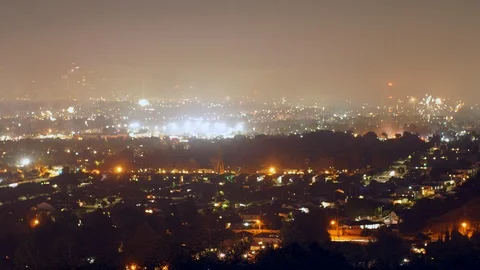 A sea of fireworks explode through the city of Los Angeles Video stock 119293360