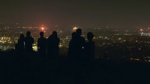 A sea of fireworks explode throughout the city of Los Angeles Video stock 119286927