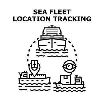 Sea fleet location tracking system monitoring ships Stock Illustration