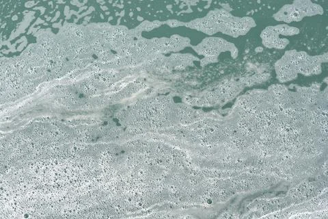 Sea foam patterns floating on green ocean surface 스톡 사진