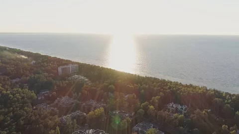Sea Forest sunset drone flight Jurmala city nature, sky, water Stock Footage 88908726