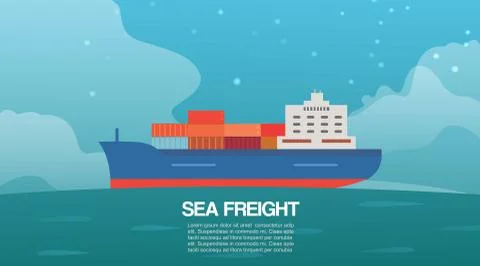 Sea freight cargo container sailing ship cartoon vector illustration. Seagoing Stock Illustration
