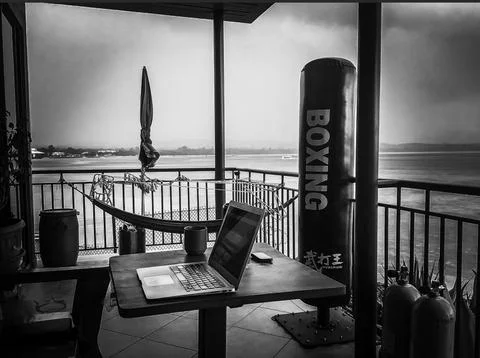 Sea front laptop digital no,ad Stock Photos